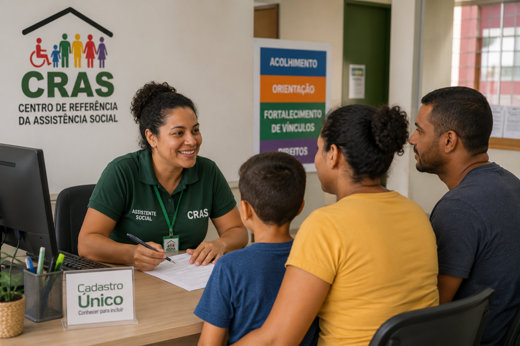 Perdi o Bolsa Família, Como Recuperar: O Que Fazer Quando o Motivo É o CadÚnico. 3 Assistente social atende uma família — casal e uma criança — em uma mesa do CRAS com a placa "Cadastro Único".