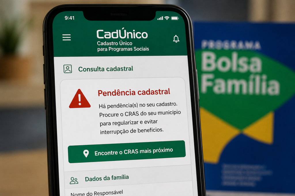 Perdi o Bolsa Família, Como Recuperar: O Que Fazer Quando o Motivo É o CadÚnico. 2 Tela do aplicativo CadÚnico com o aviso "Pendência cadastral" e o botão "Encontre o CRAS mais próximo", com um cartaz do Programa Bolsa Família ao fundo.